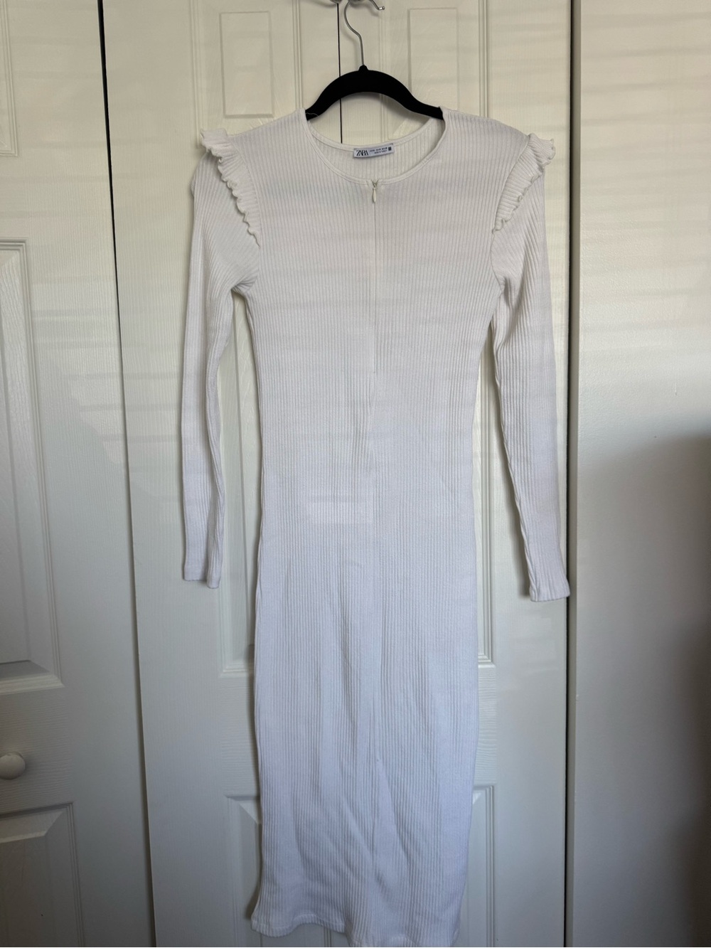 Zara White Ribbed Long Sleeve Midi Dress knit size m